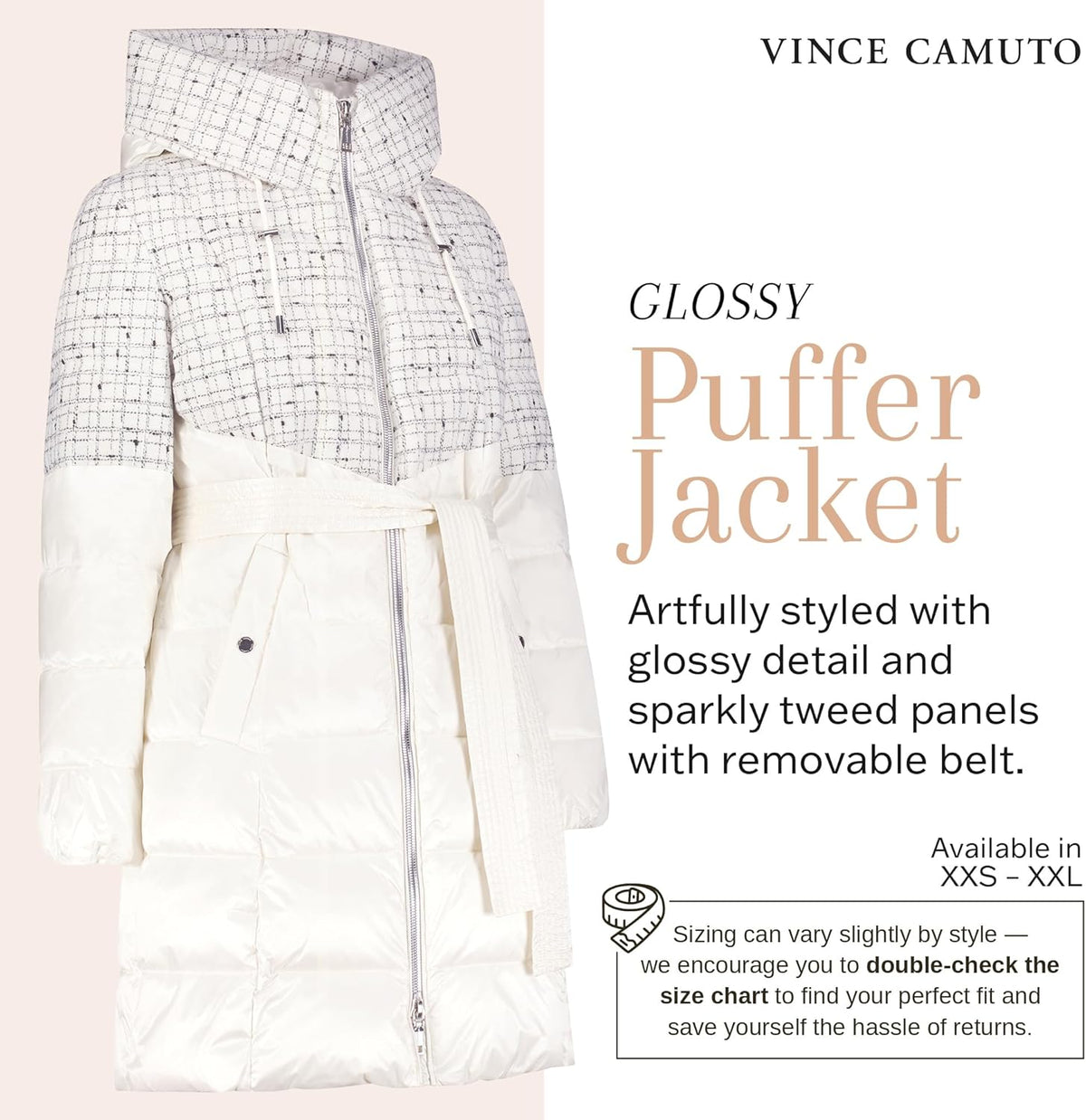 Cream glossy puffer jacket with hood, zipper front, and removable waist belt