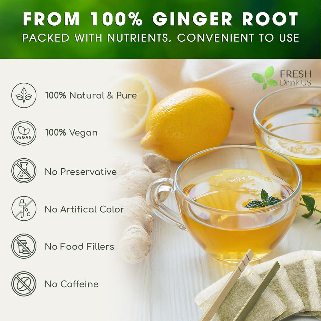 Ginger tea bags pouch with 100% ginger root and vegan icons