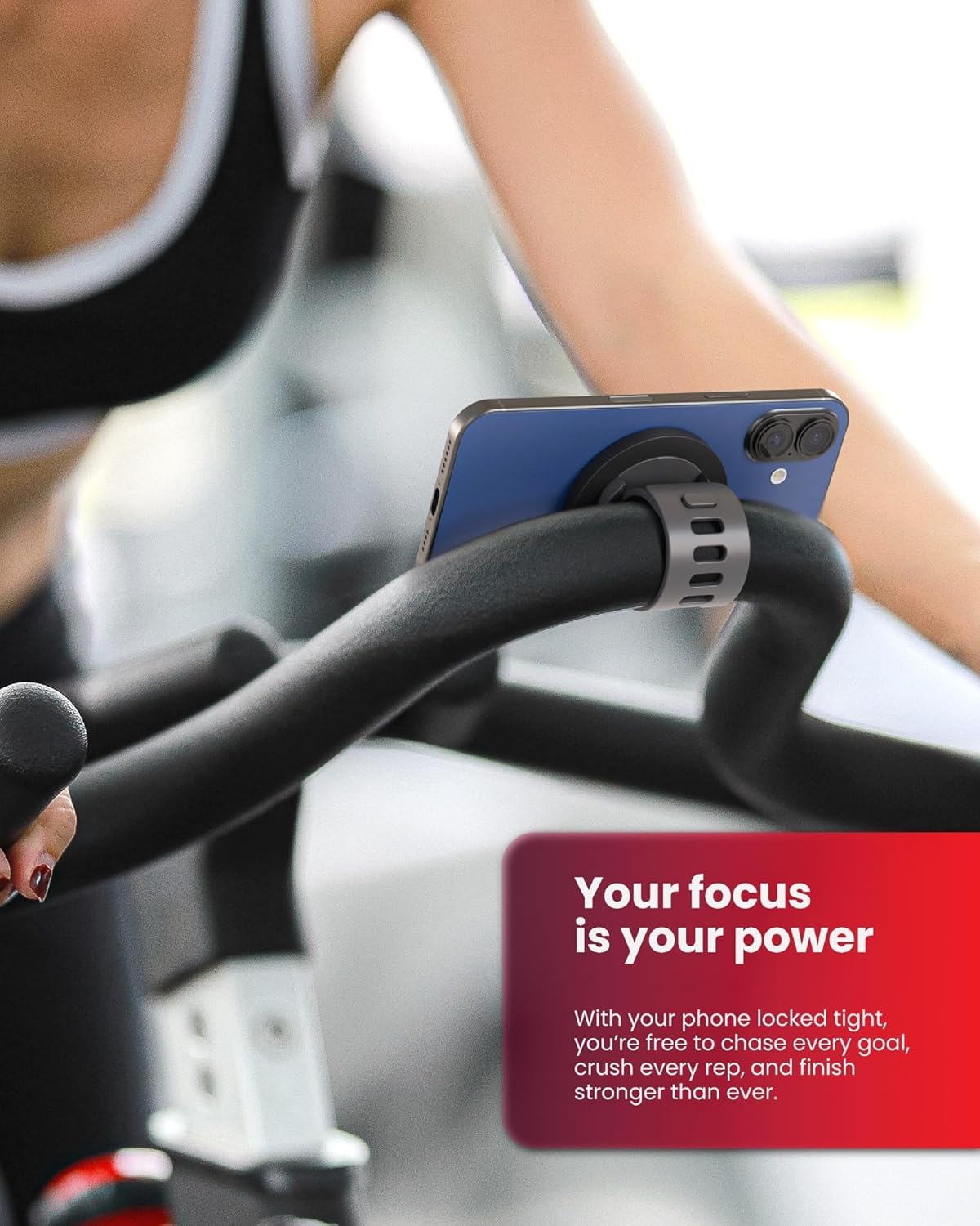 Magnetic phone holder on black bike handlebar with blue phone attached