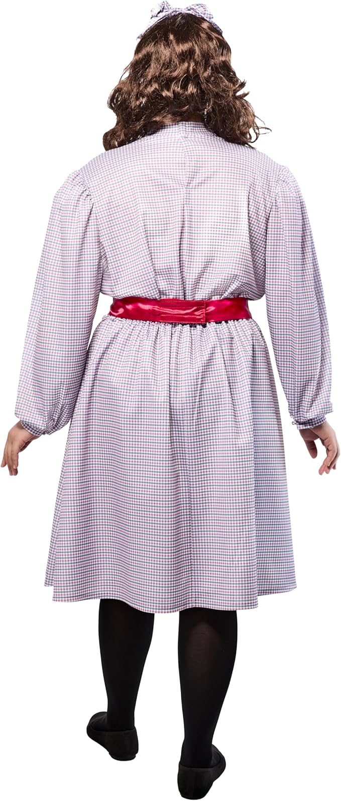 Plaid costume dress back view with long sleeves and red belt