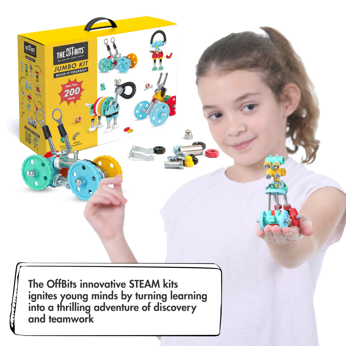 Montessori DIY robot kit, child holding a small robot figure with the kit box nearby