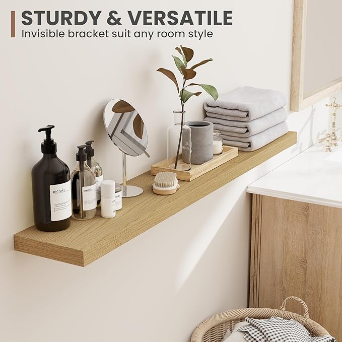 Oak deep floating shelves set of 2 mounted with invisible brackets for bathroom or bedroom