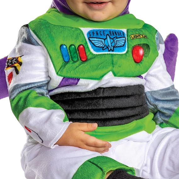 Infant space ranger hooded jumpsuit with green chest graphic and striped sleeves