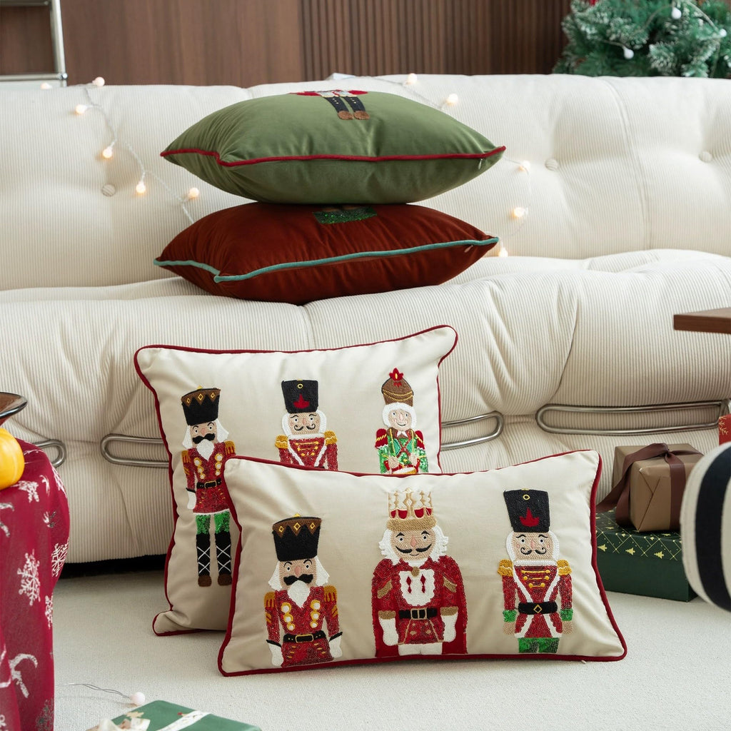 Green velvet throw pillow cover with embroidered nutcracker figure, square 18x18