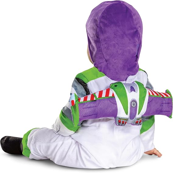 Infant space ranger costume back view with purple hood and green trim