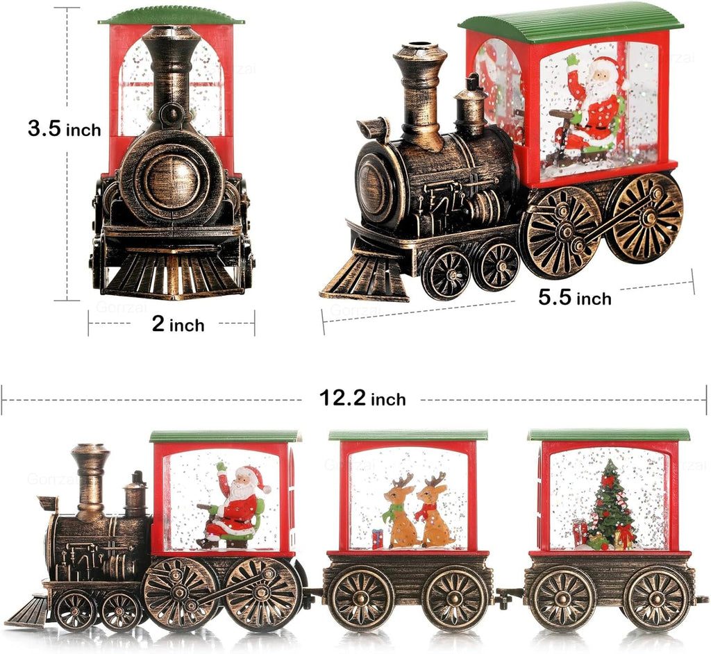 Santa-themed train snow globe lantern with red cab, bronze boiler, and ornate wheels