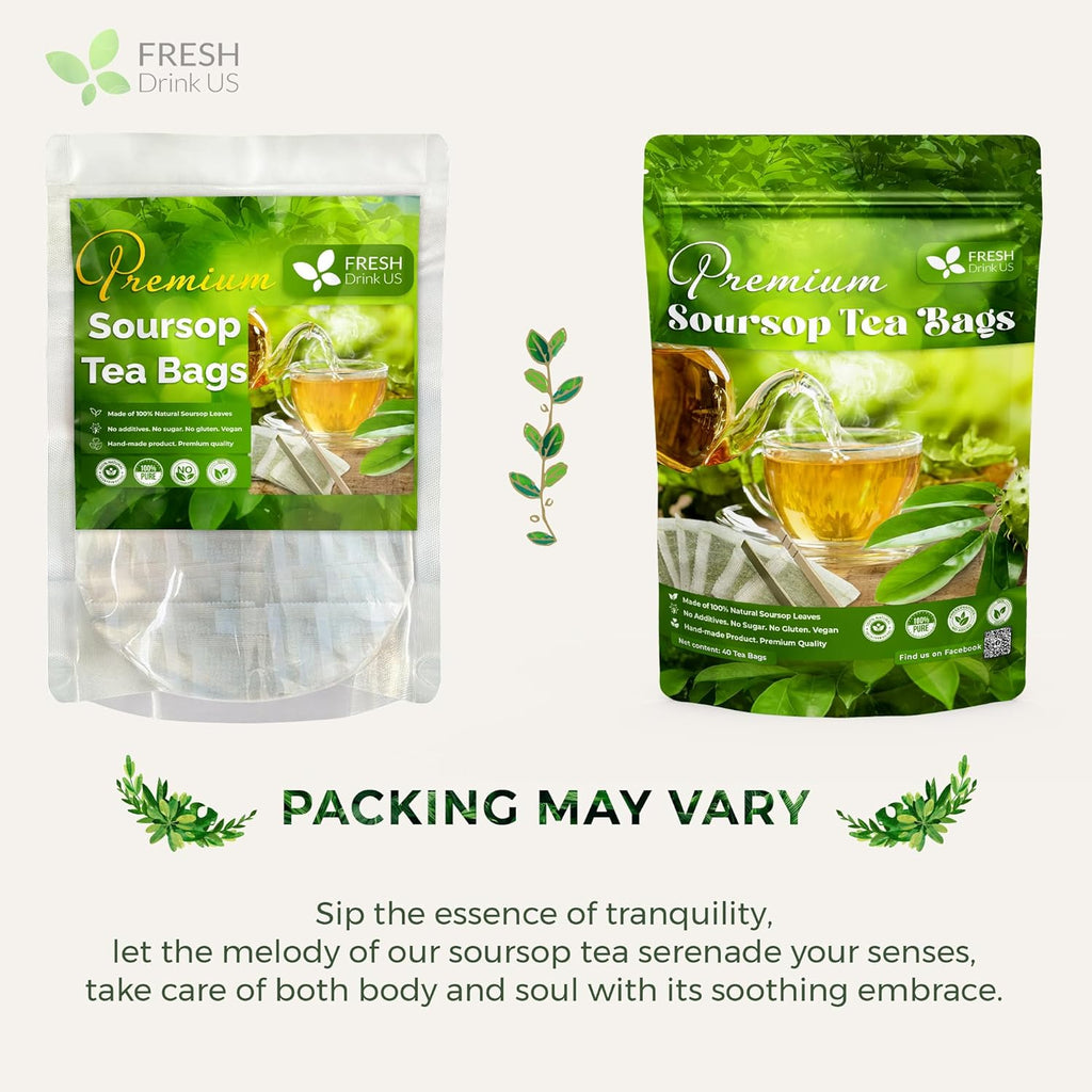 Soursop leaf tea bag pouches, green packs shown with glass cup