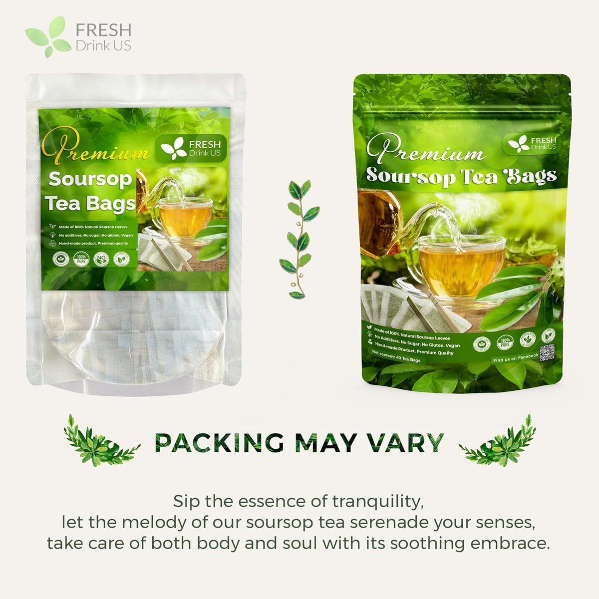 Soursop leaf tea bag pouches, green packs shown with glass cup