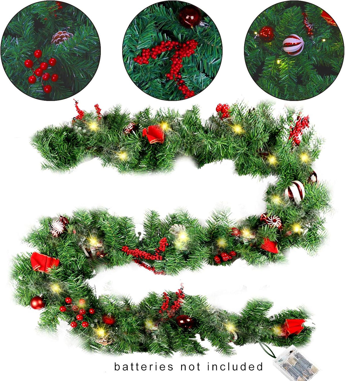 Green LED Christmas garland with red berries, bows, pinecones, and warm white bulbs; battery-free label