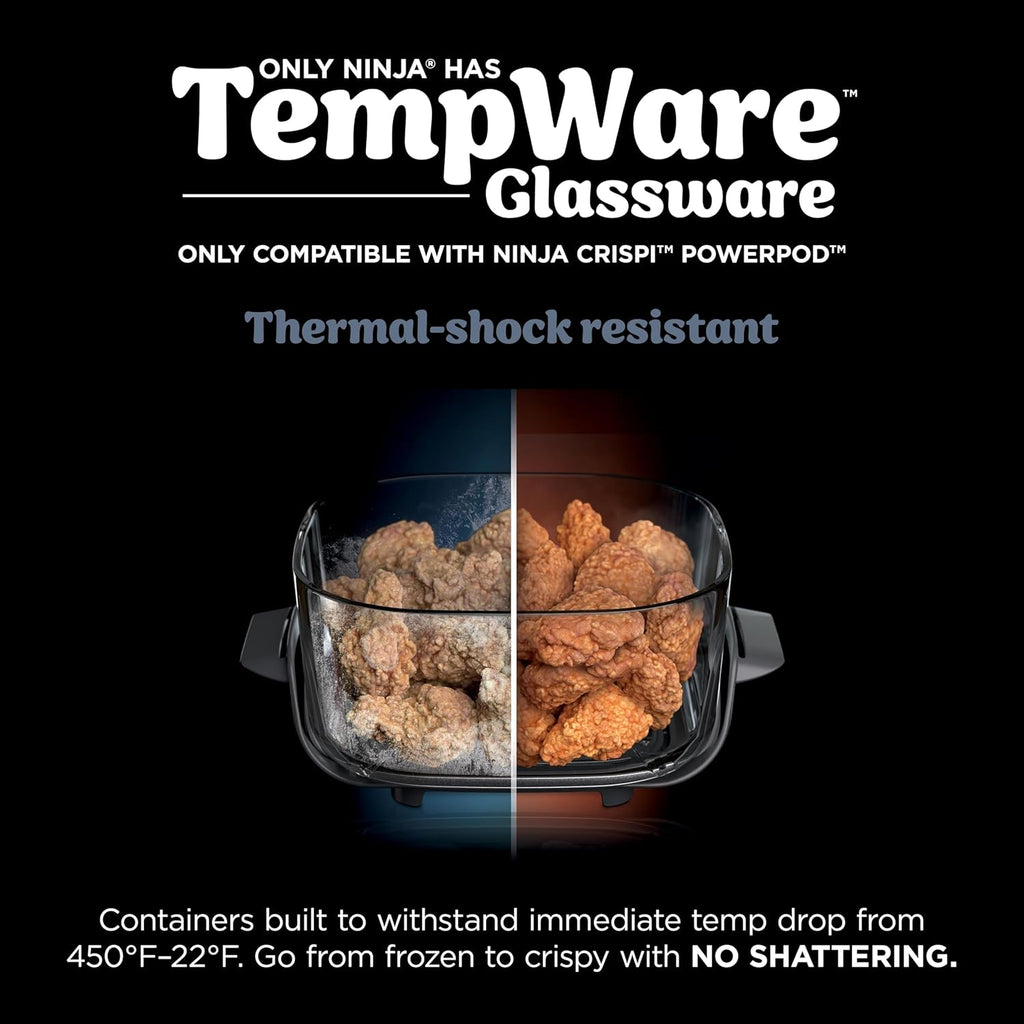 Glass container with black handles and snap-lock lid, shown for thermal-shock use