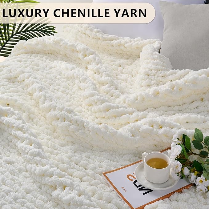 Cream chunky knit blanket throw with soft chenille texture and thick raised ridges