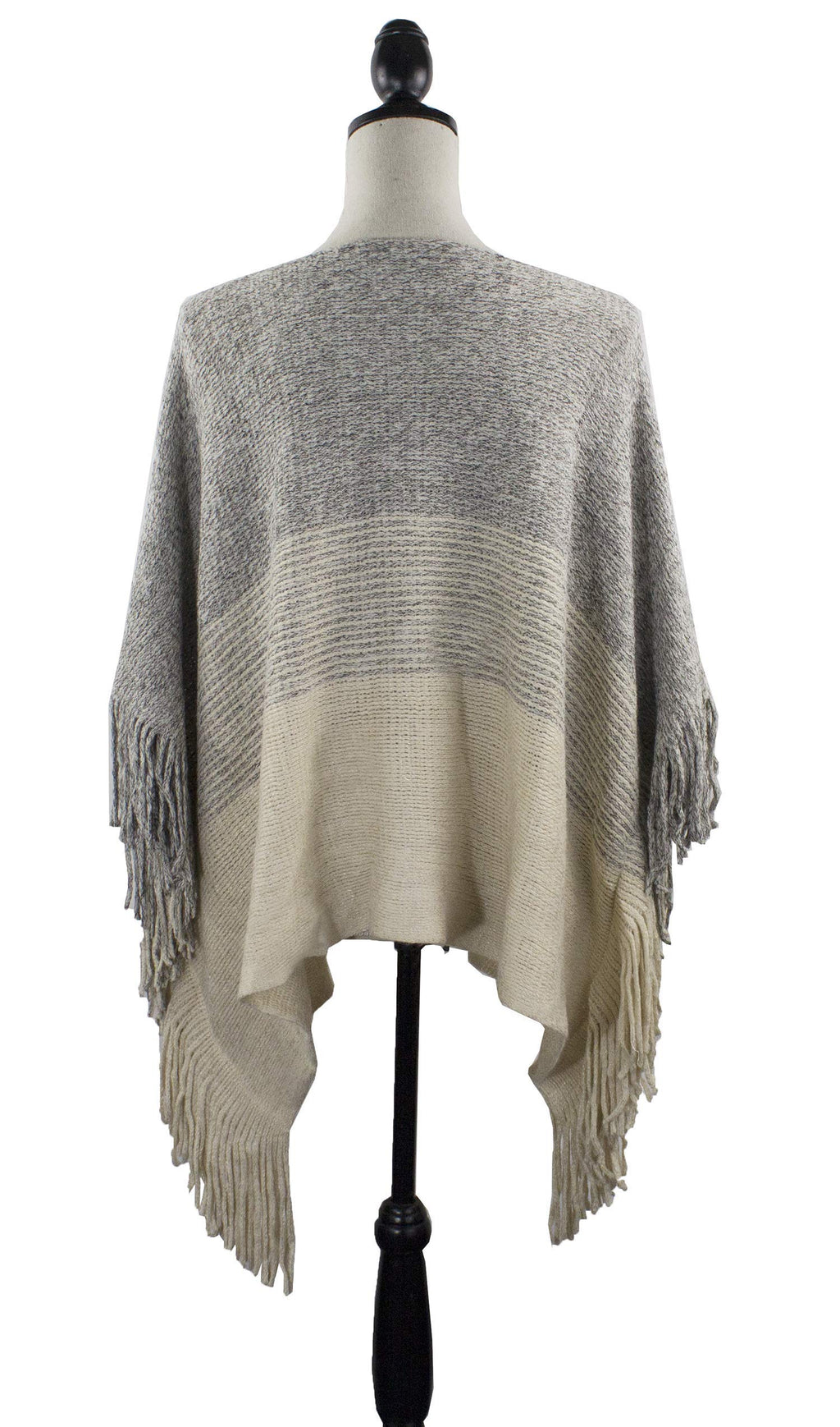 Two-tone knit poncho with fringe, ivory and heather gray back panel