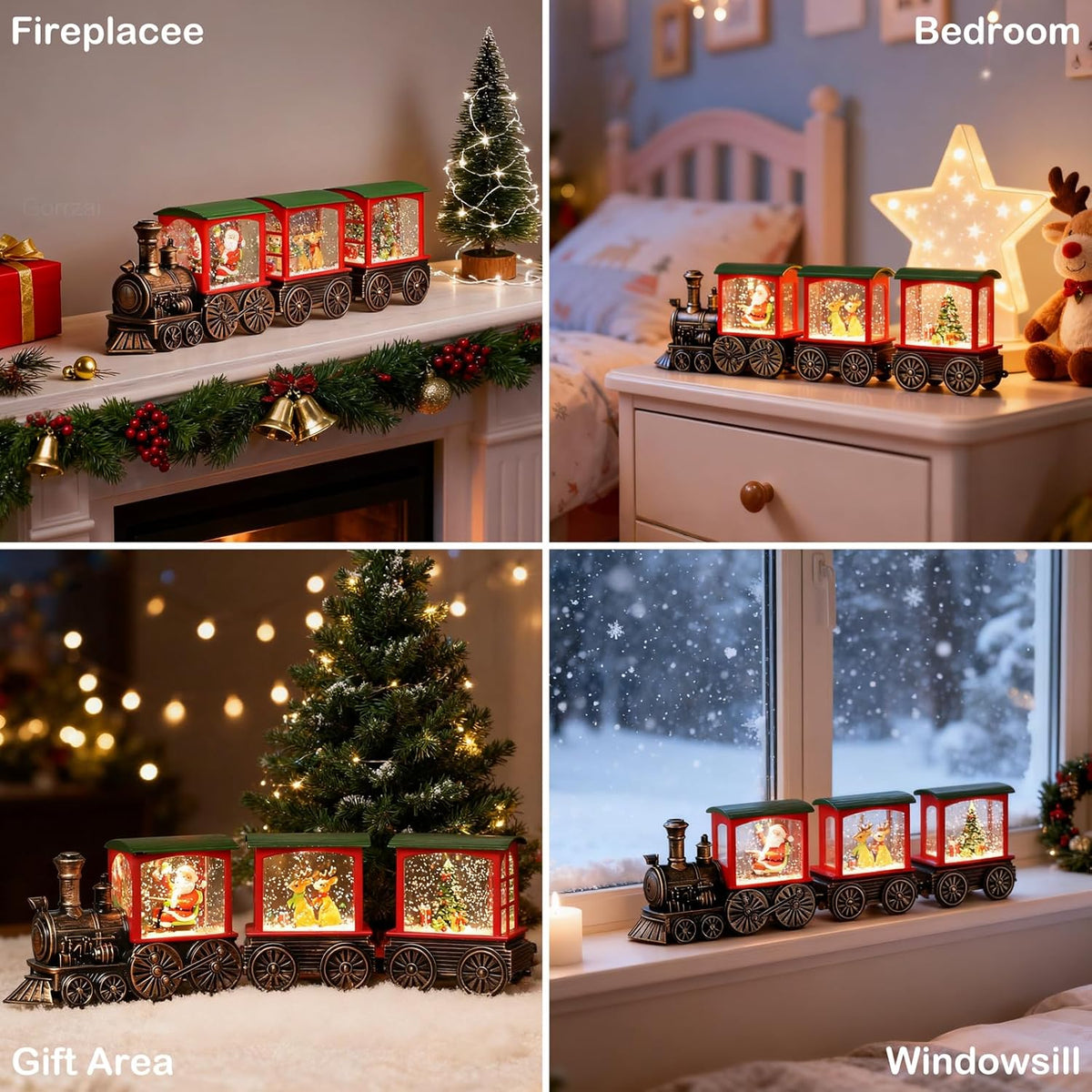 Christmas train snow globe lantern displayed on mantel and windowsill, glowing red windows