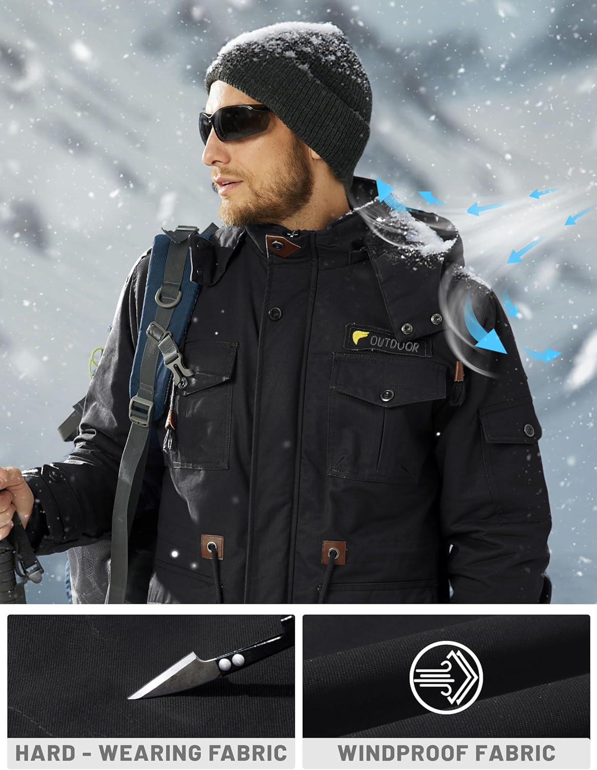 Men’s black hooded winter jacket with cargo-style pockets and zip front