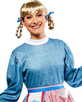 Blonde braided ponytail wig for doll with two blue ribbon bows