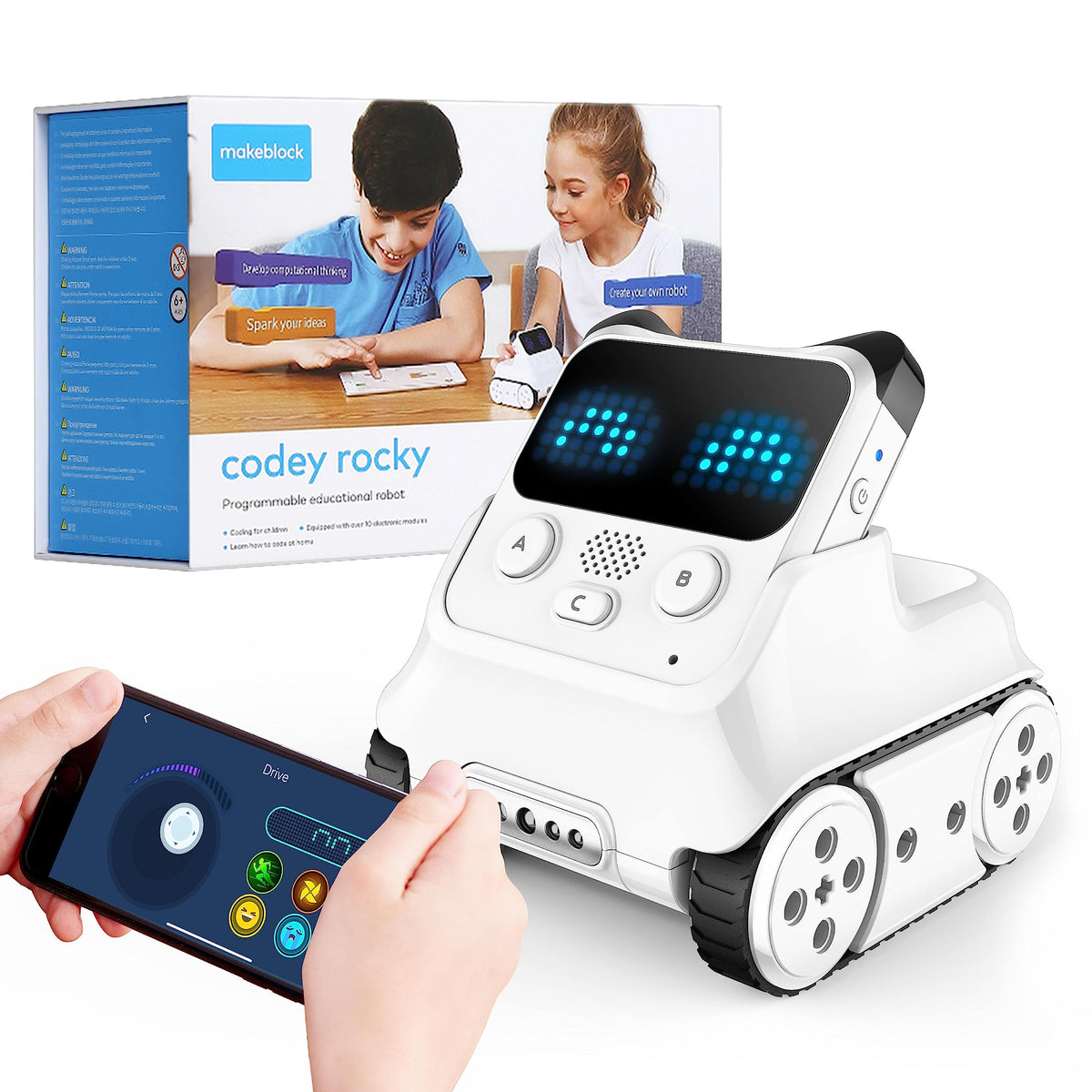 White programmable coding robot toy with blue LED display and moving wheels.