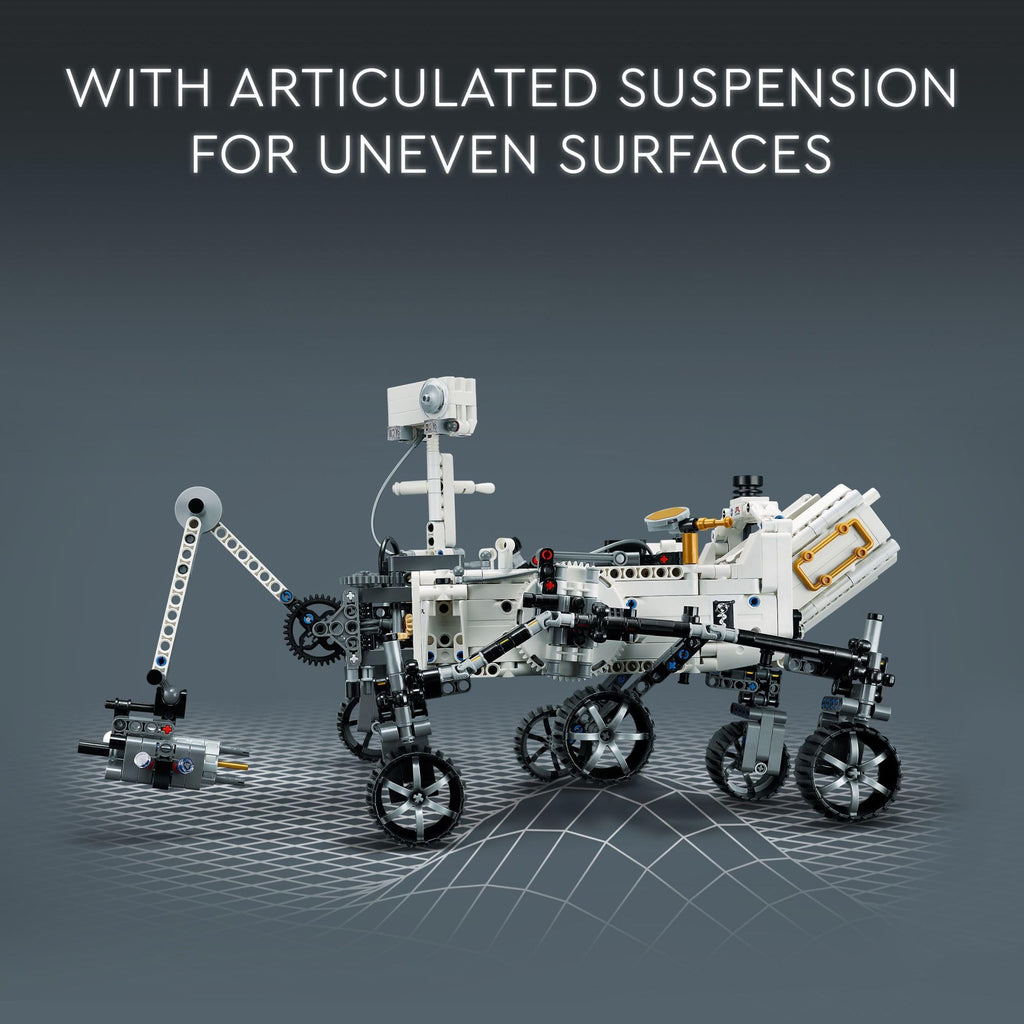 LEGO Technic Mars rover model with articulated suspension and rover wheels on display