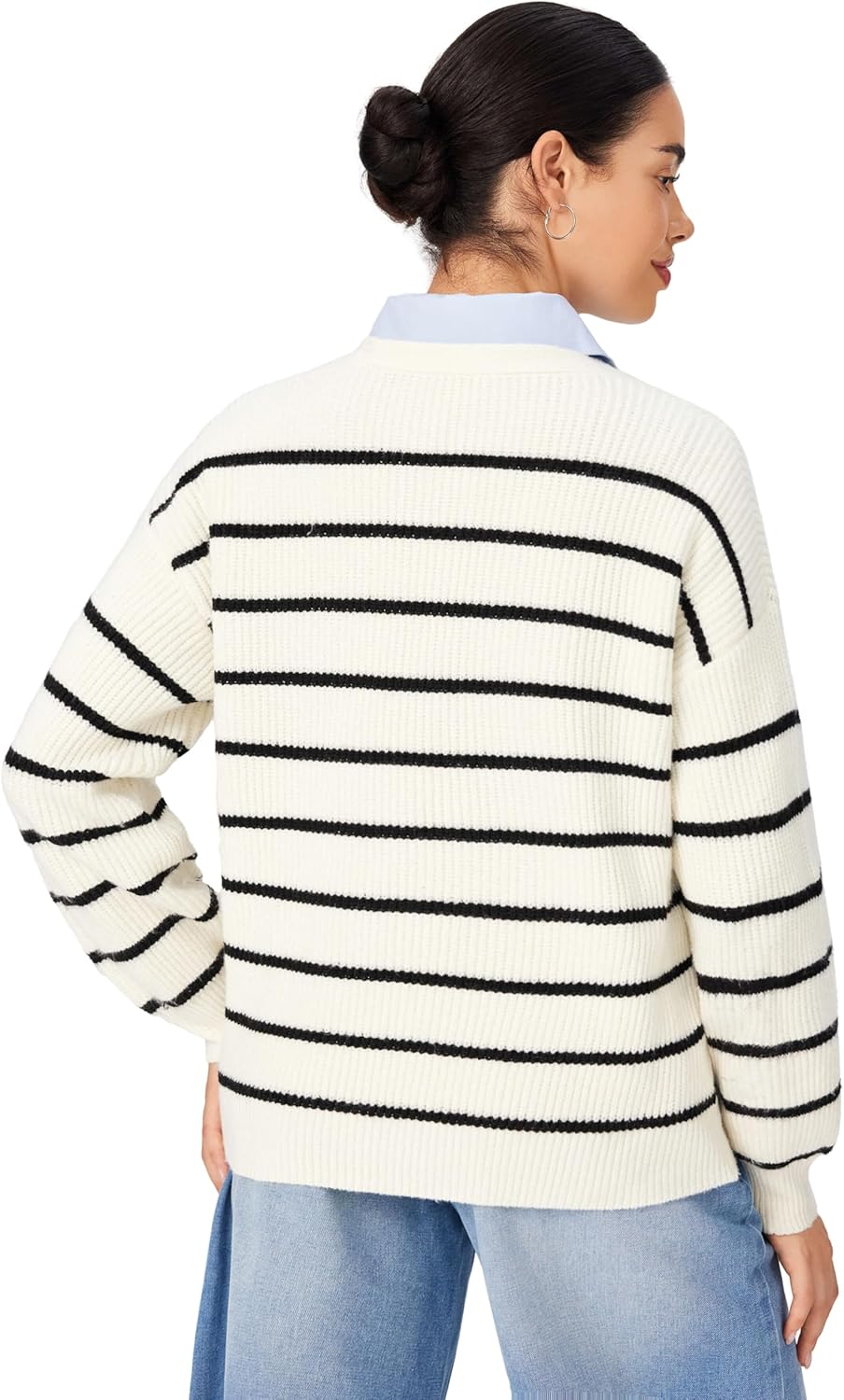 Women’s striped knit cardigan with V-neck, button front, and long sleeves, cream/black.
