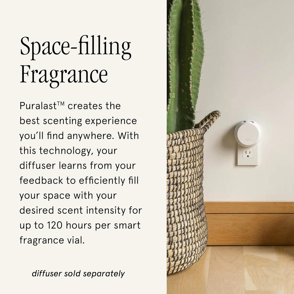 Space-filling fragrance infographic for smart air diffuser refills, up to 120 hours