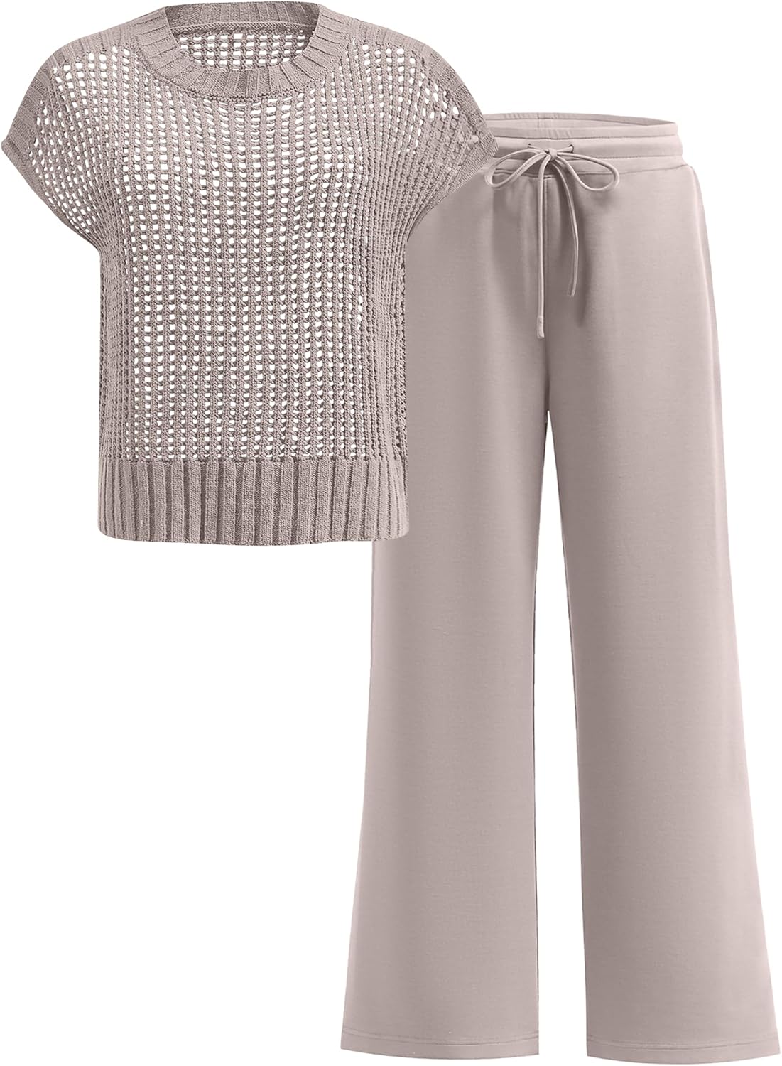 Women's two-piece crochet knit sweater top and wide-leg pants set, light gray with drawstring waist