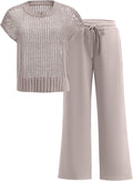 Women's matching light gray knit sweater top and wide-leg pants set, drawstring waist