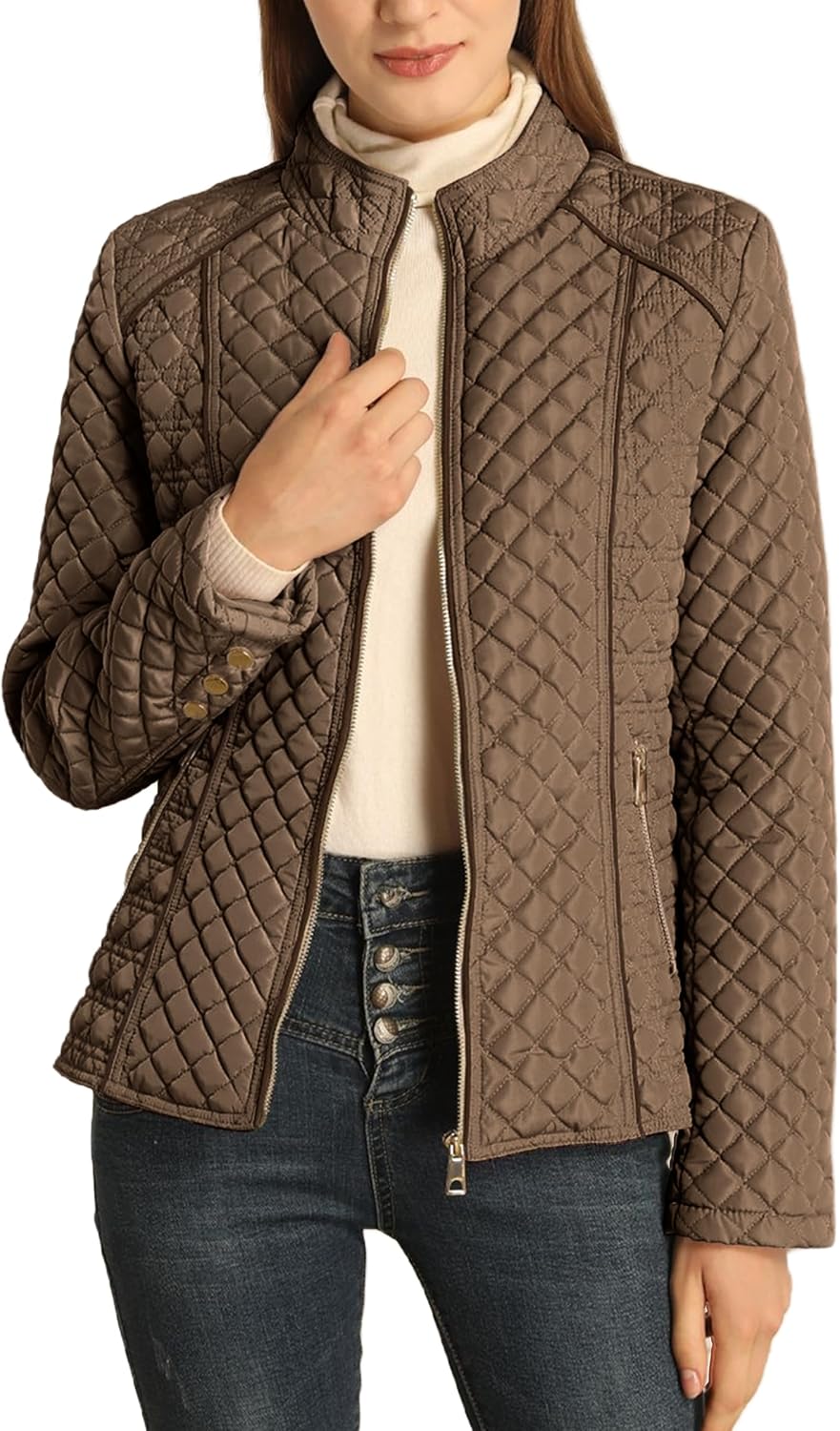Women\u2019s quilted puffer jacket with stand collar, zip front, light beige/khaki color.