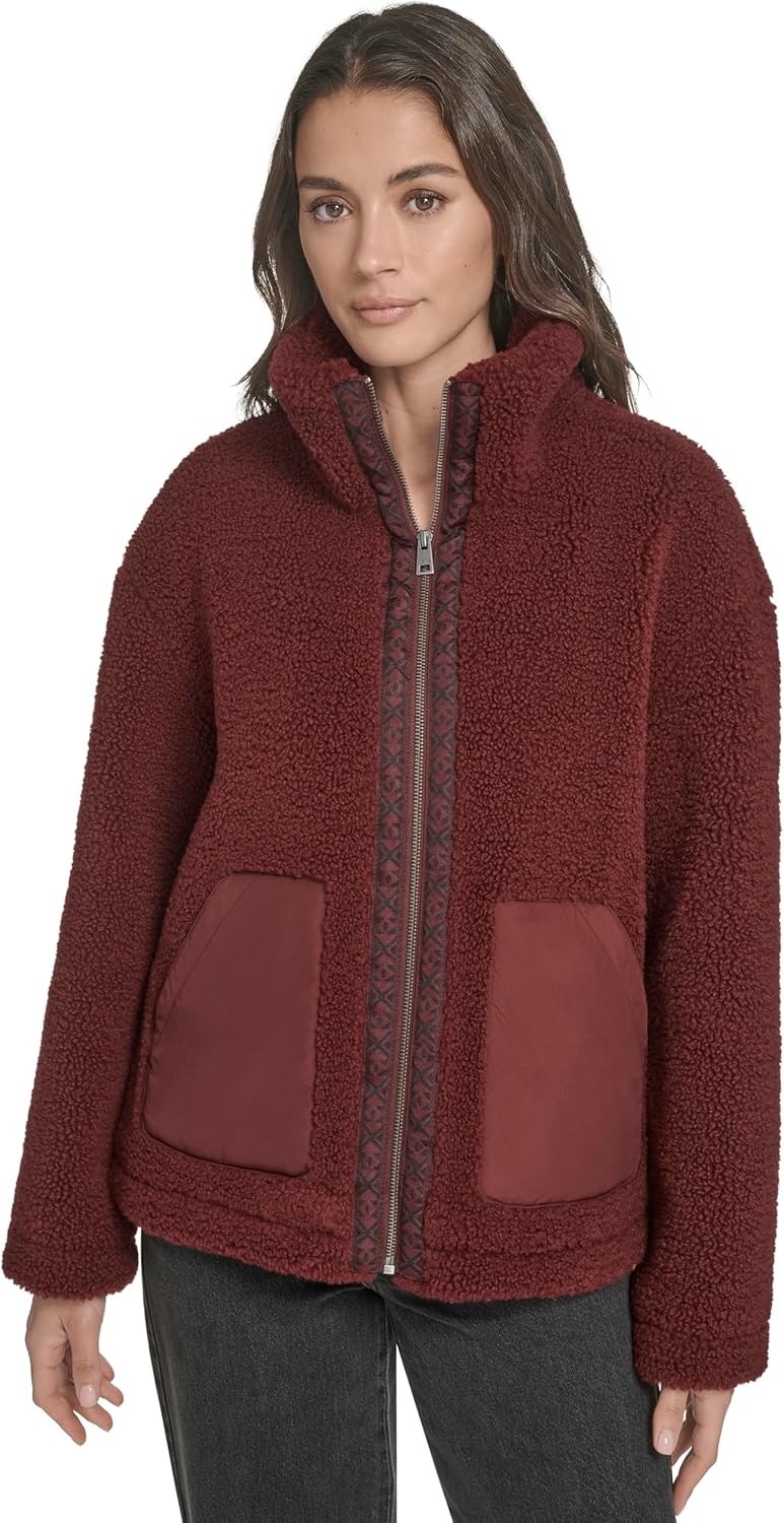Burgundy sherpa teddy jacket with zip front and two chest patch pockets