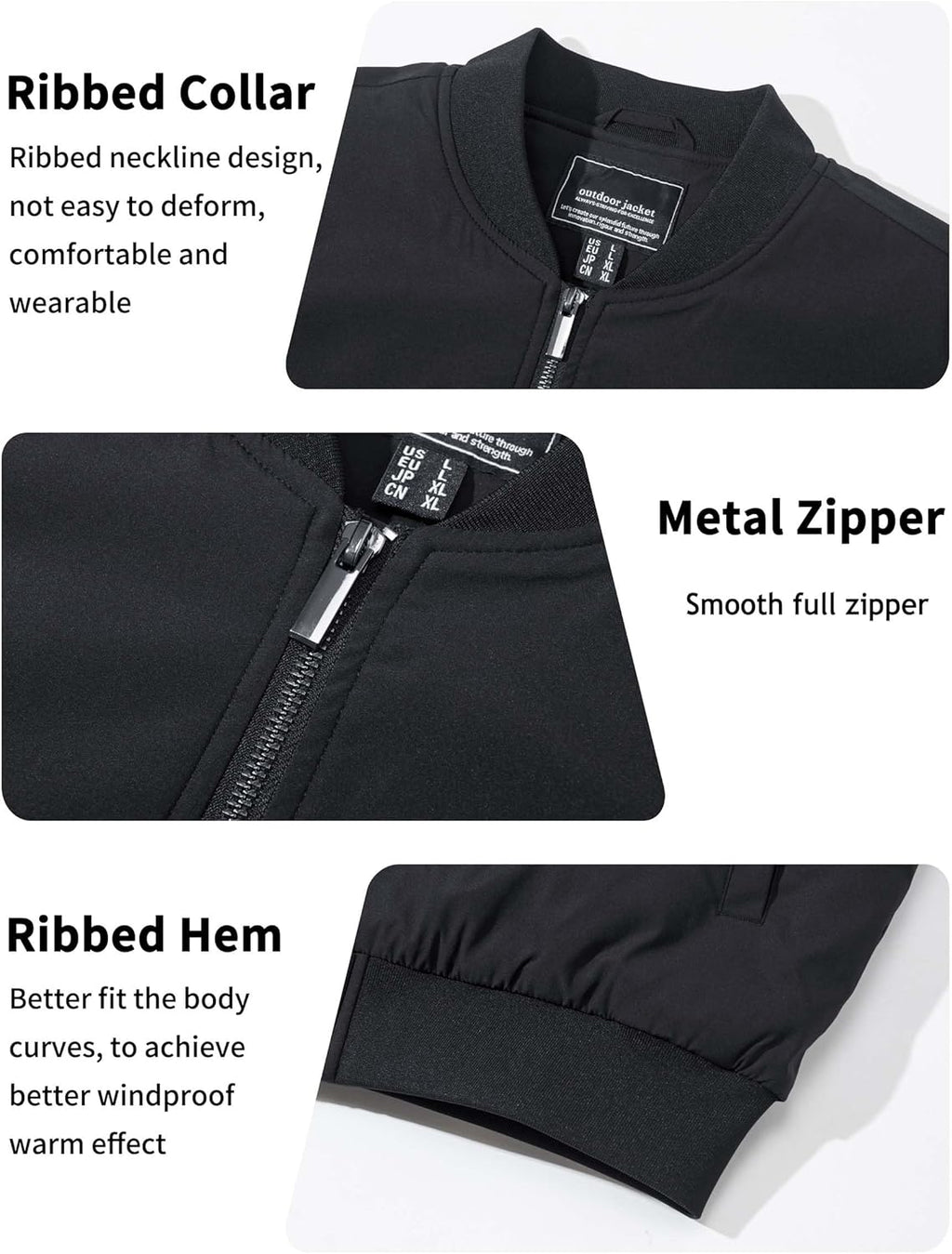 Men's black bomber jacket details: ribbed collar, metal zipper, ribbed hem