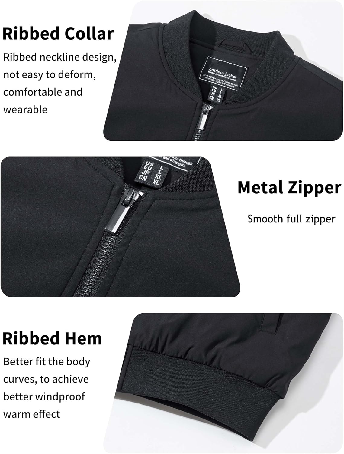 Men's black bomber jacket details: ribbed collar, metal zipper, ribbed hem