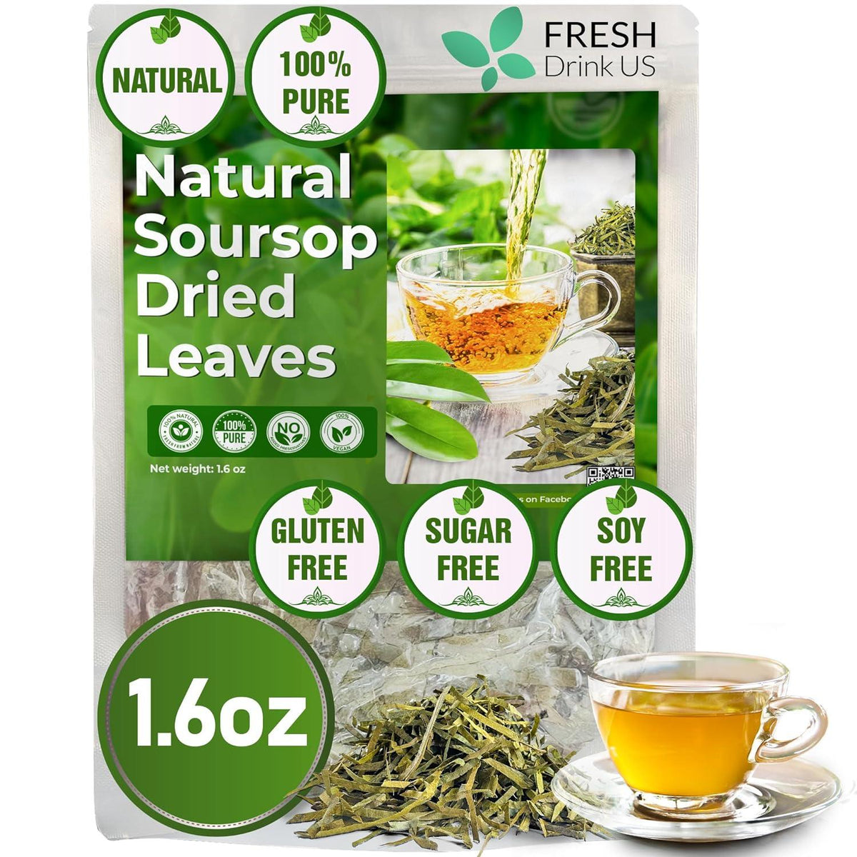 Natural soursop dried leaves tea pouch, 1.6 oz; gluten-free, sugar-free
