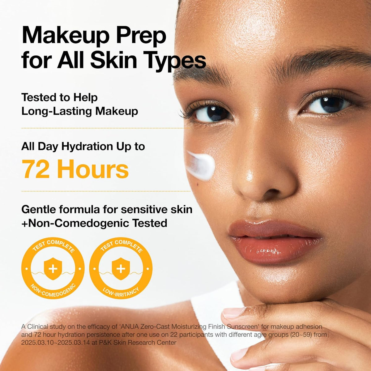 ANUA sunscreen SPF50+ PA++++ on face with white dots, smooth moisturizing finish
