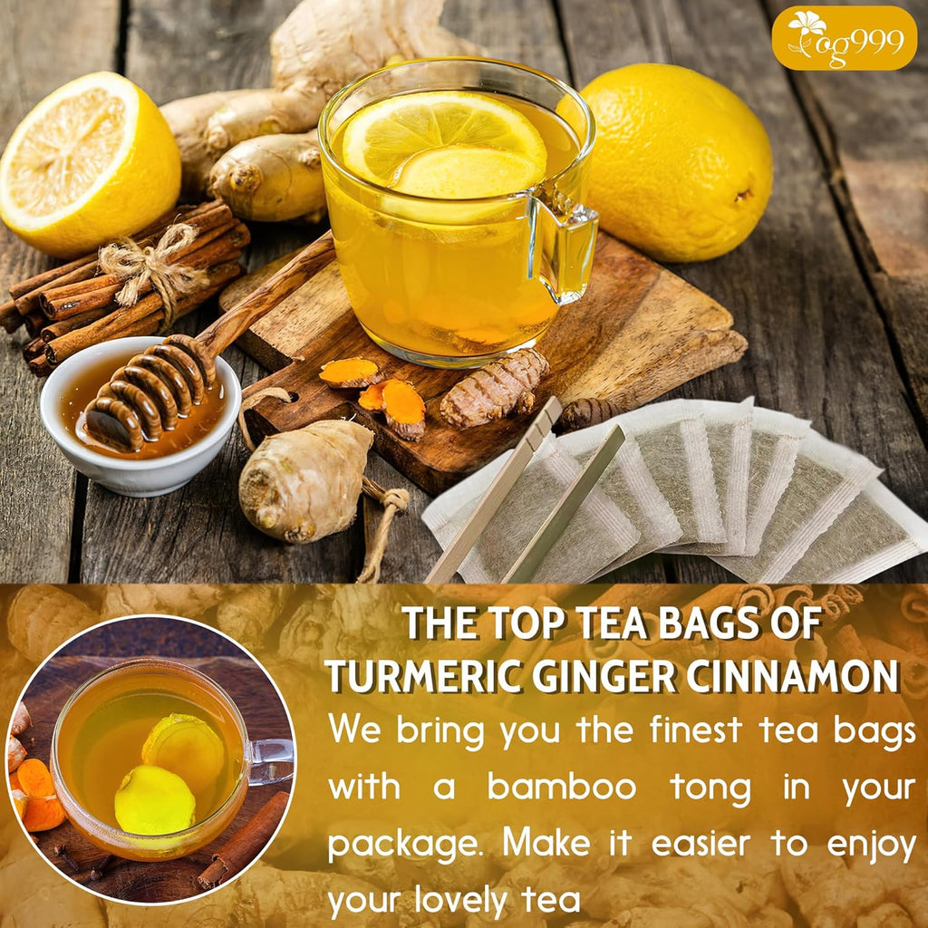 Cup of golden tea with turmeric, lemons, ginger, and honeycomb on a wooden board