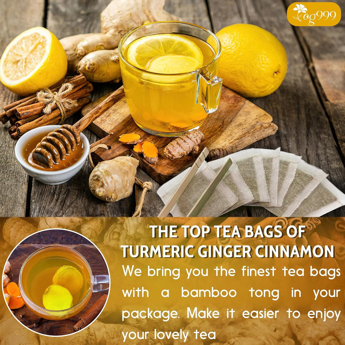Cup of golden tea with turmeric, lemons, ginger, and honeycomb on a wooden board