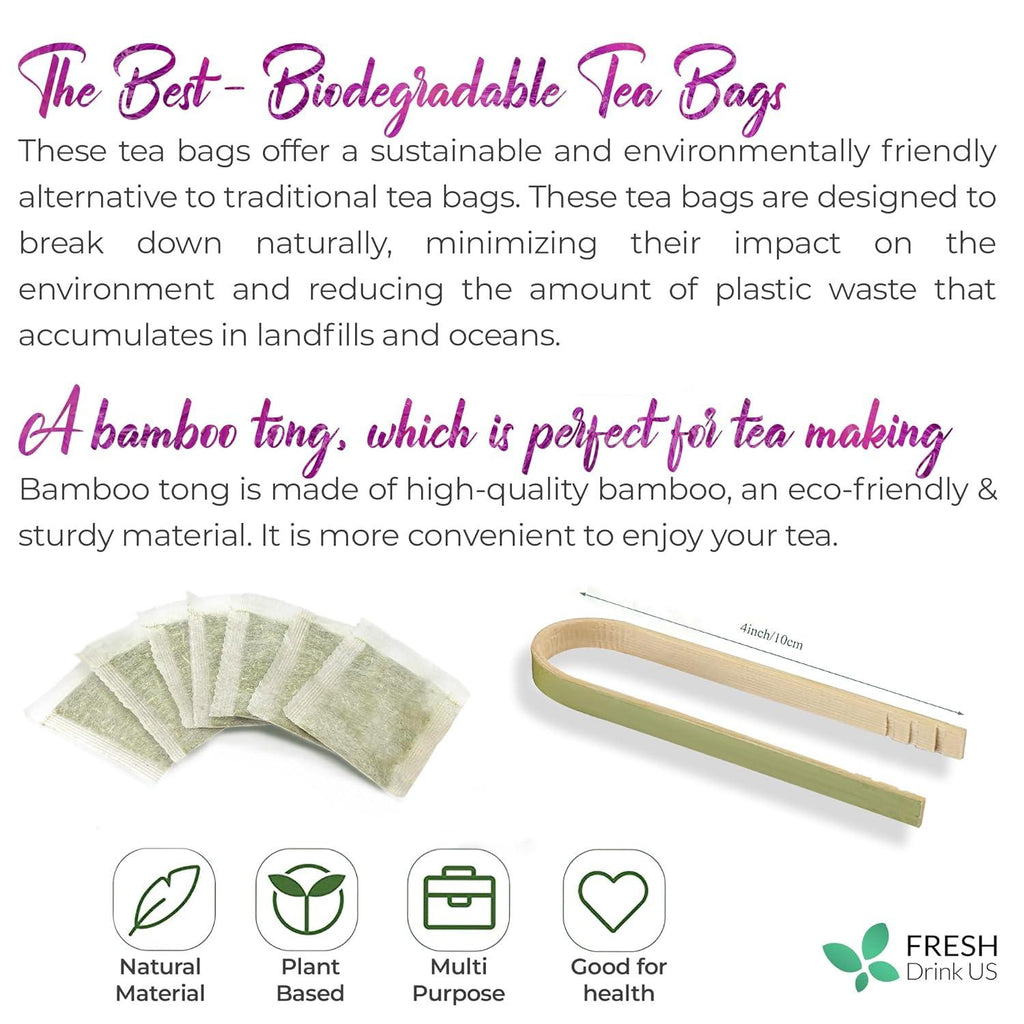Biodegradable milk thistle tea bags with bamboo tongs and tea cup
