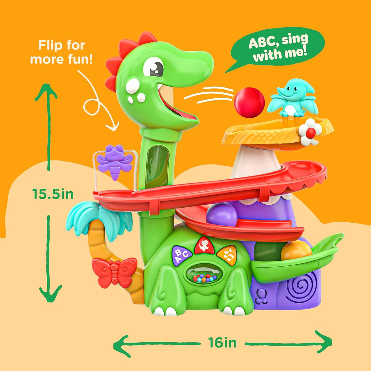 Green dinosaur ball popper with orange and purple base, red ball, and blue dinosaur piece