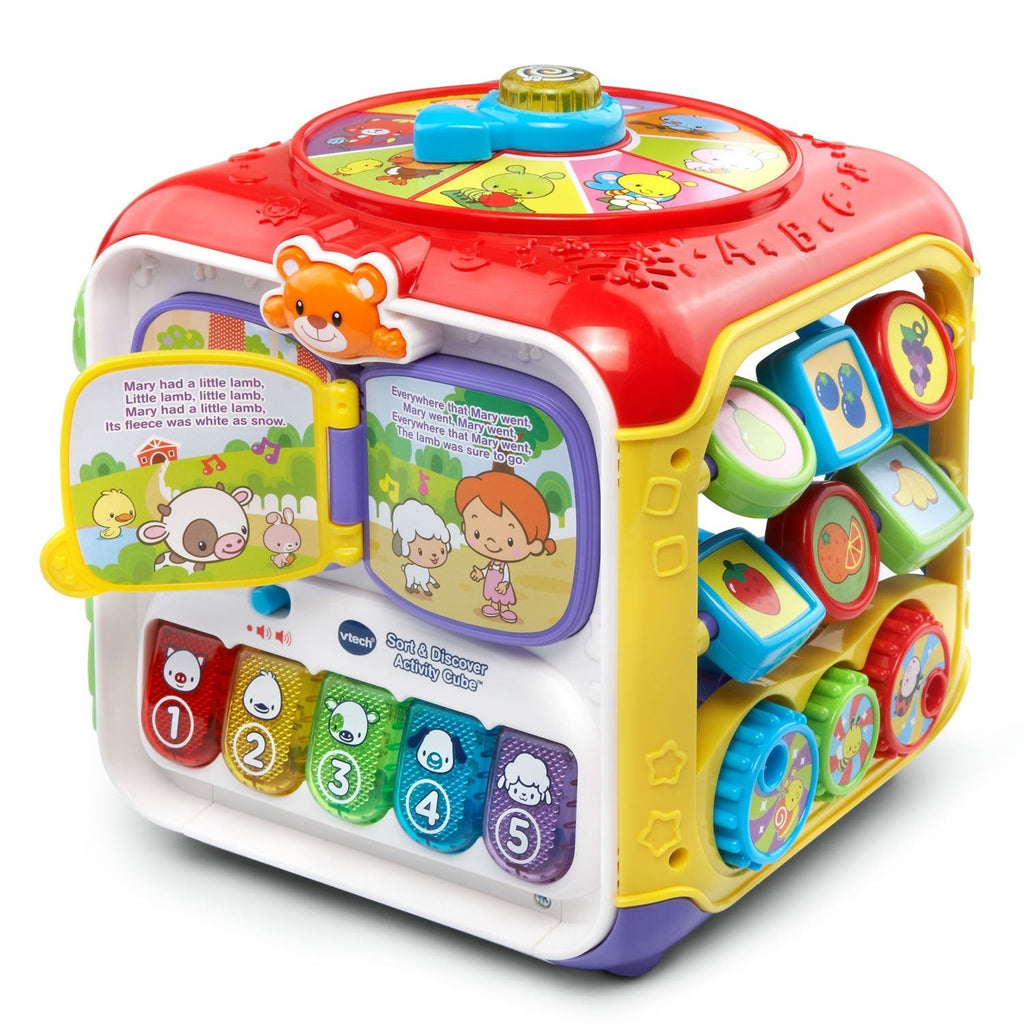 Red baby activity cube with colorful learning panels and rotating gears