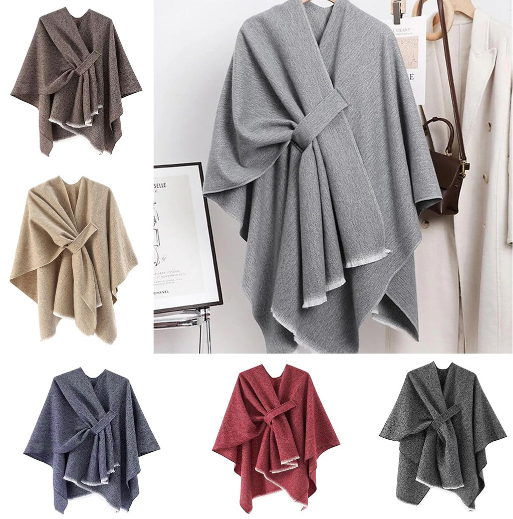 Fringe poncho shawl color assortment: brown, beige, navy-grey, burgundy, and dark grey with knot.
