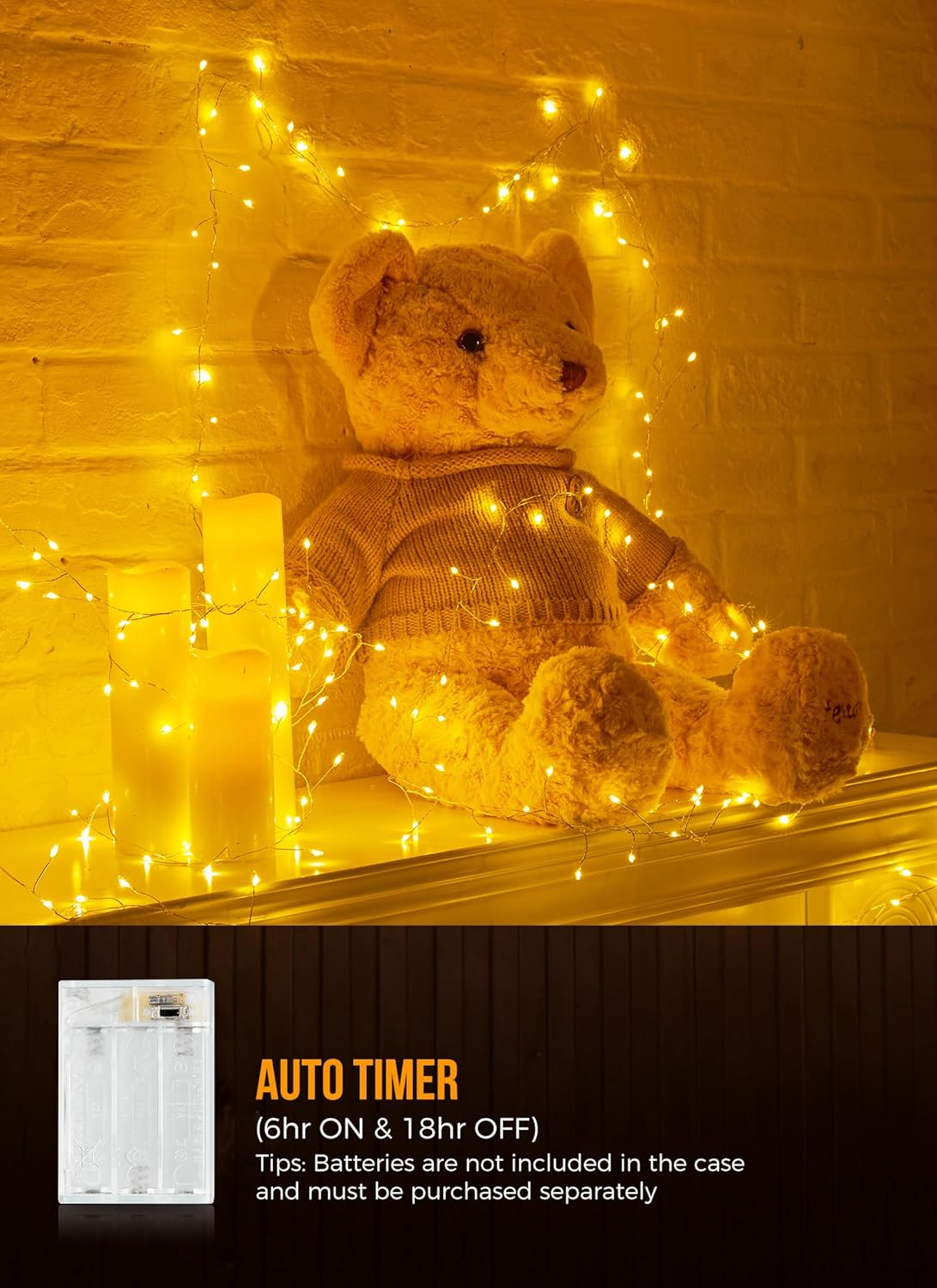 Warm white fairy string lights draped around a teddy bear and on display.