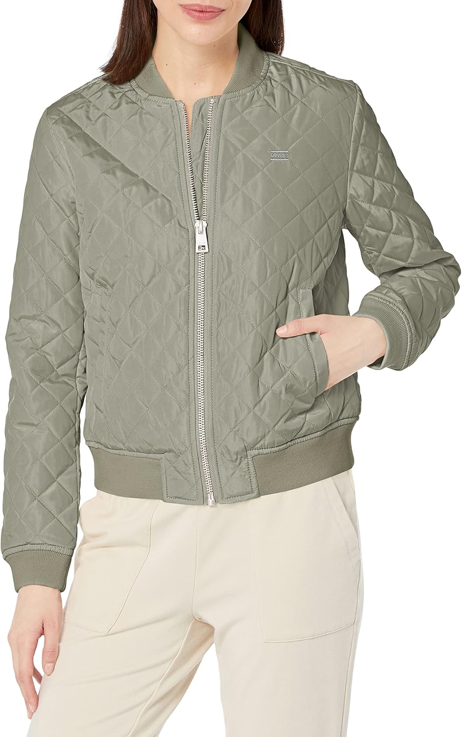 Levi's diamond-quilted bomber jacket, olive green, zip front with ribbed cuffs