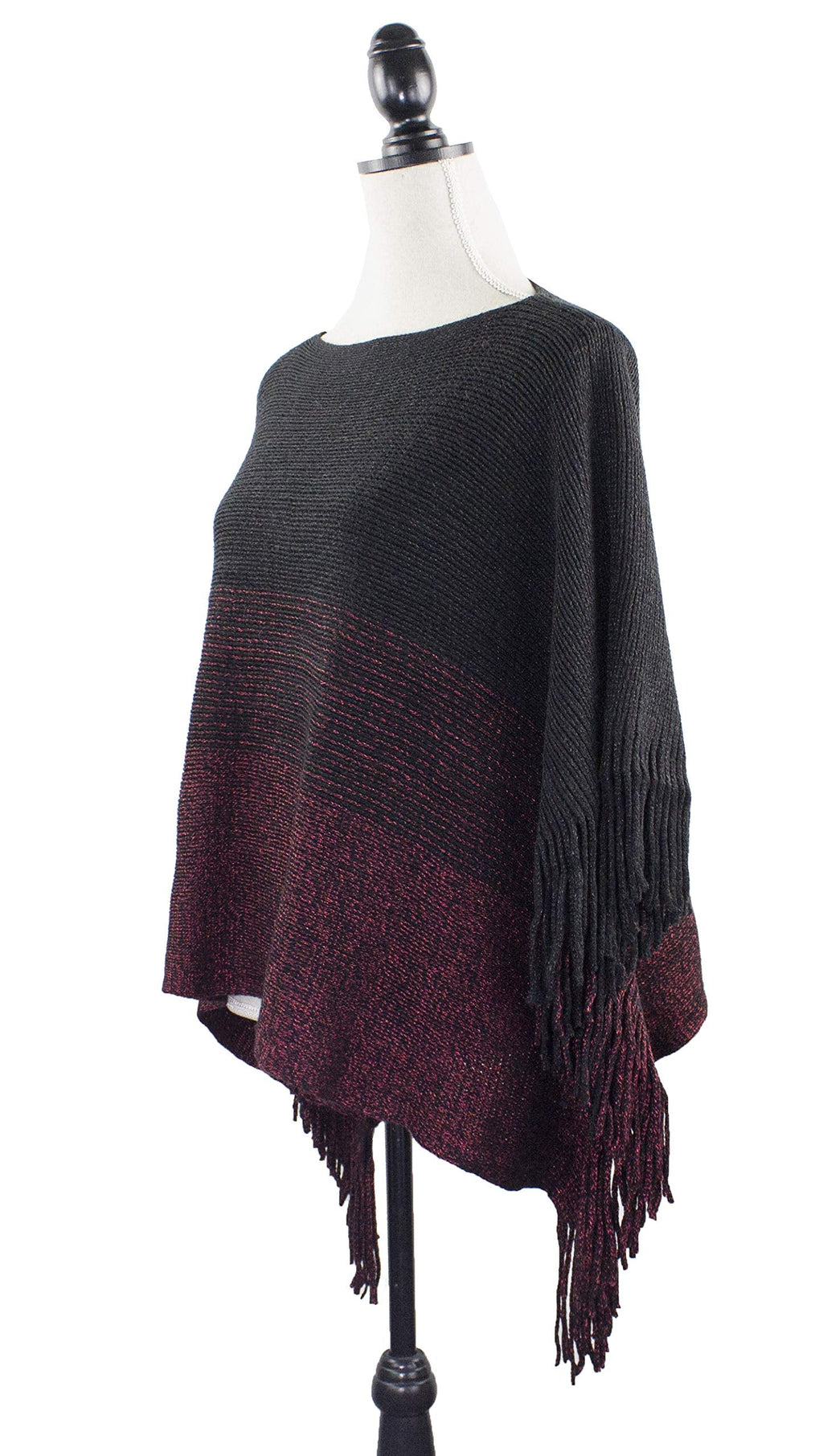 Knit poncho with fringe, black and burgundy two-tone knit