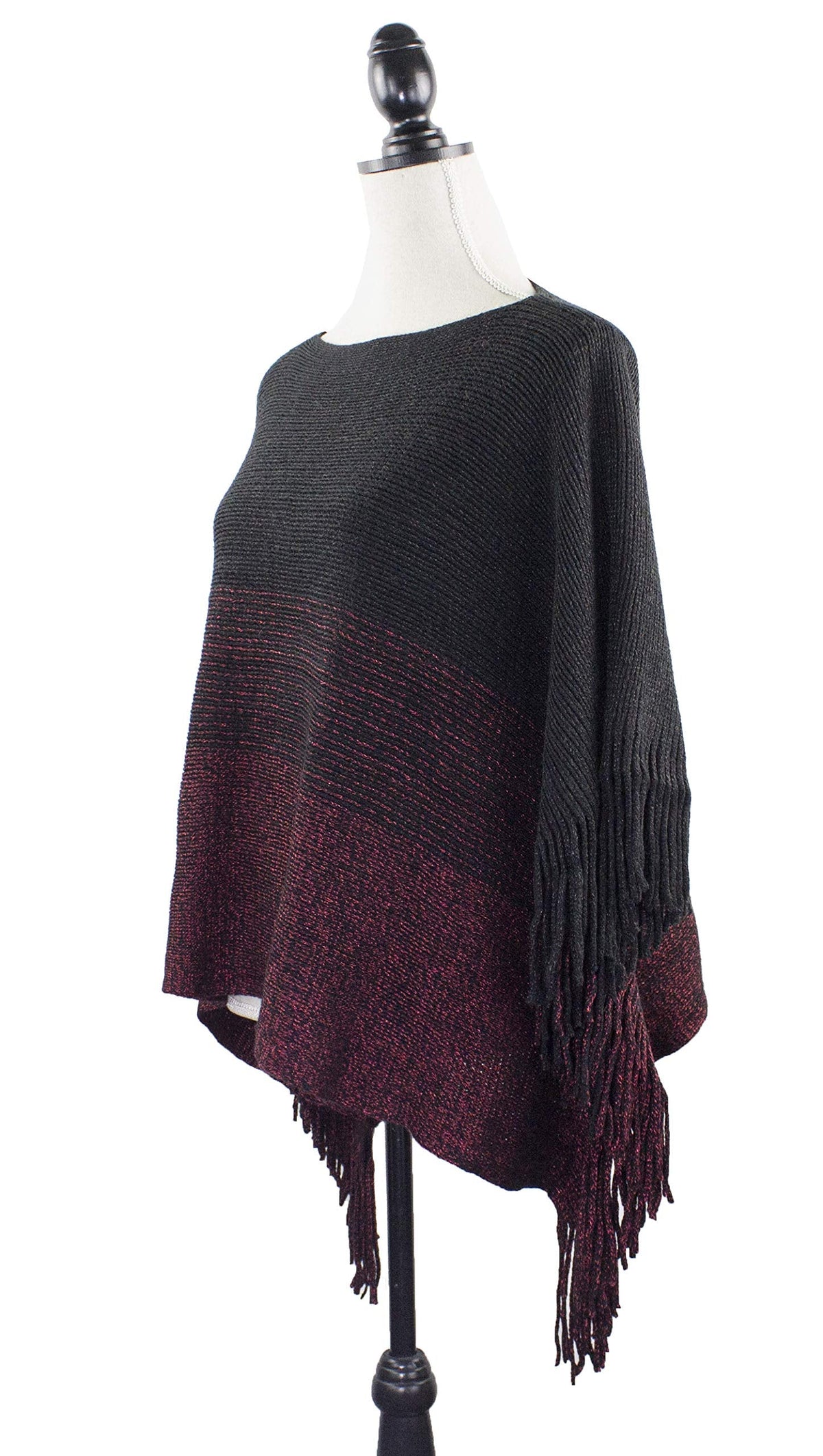 Knit poncho with fringe, black and burgundy two-tone knit