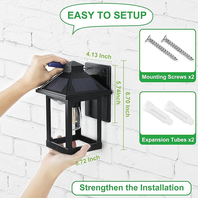 Black outdoor solar wall lantern showing mounting on wall with included screw kit