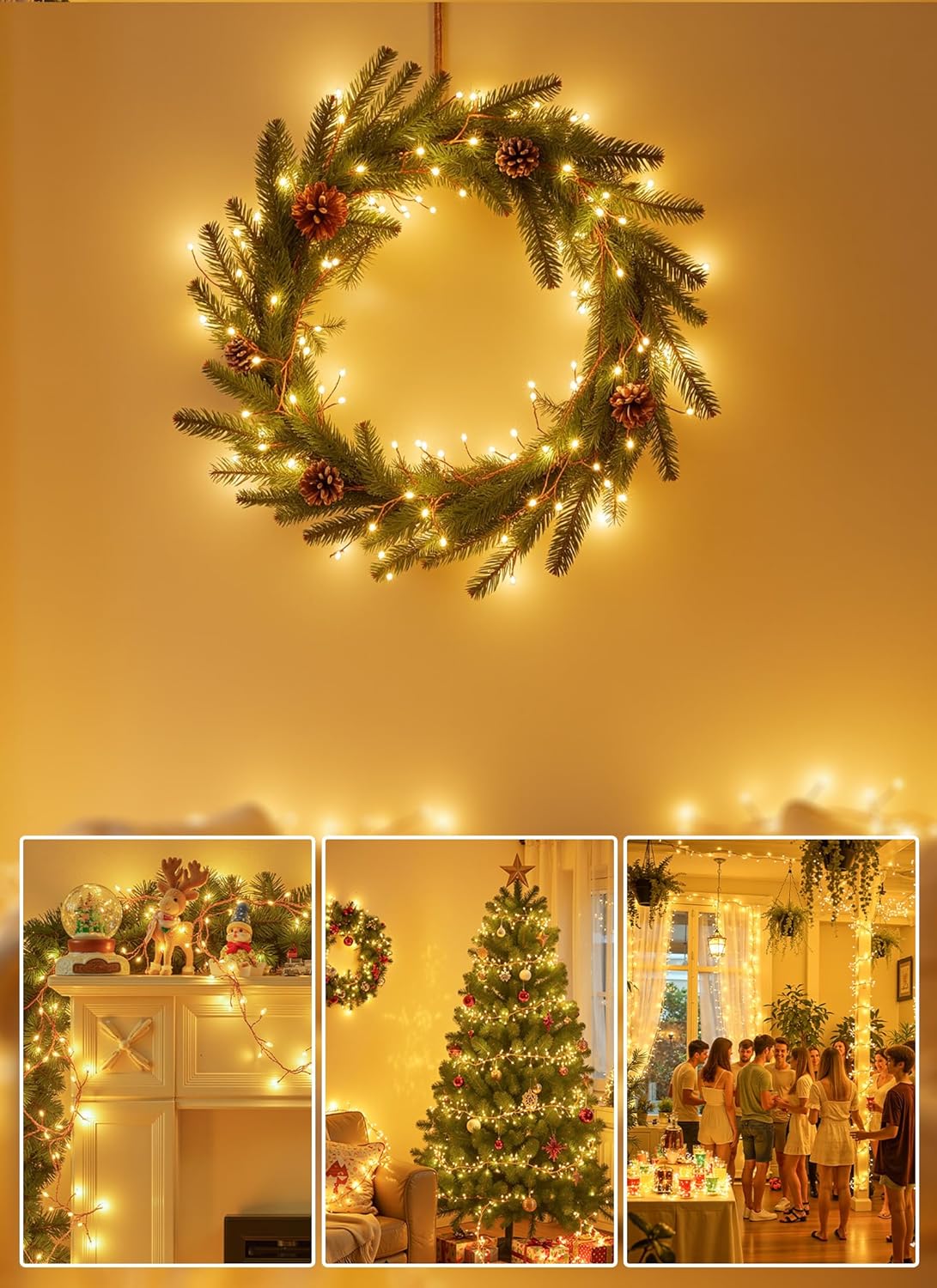 Warm white lit Christmas wreath made with fairy string lights on a wall.