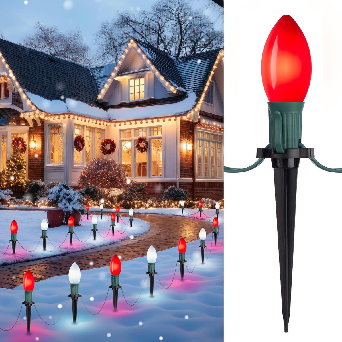 Outdoor pathway stake light with red bulb and green base, connected cord