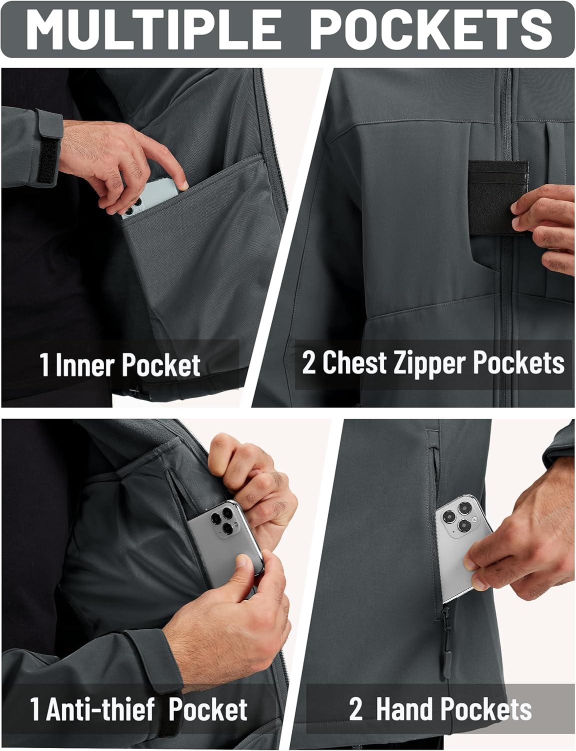Softshell jacket with multiple pockets: inner, chest zipper, and hand pockets
