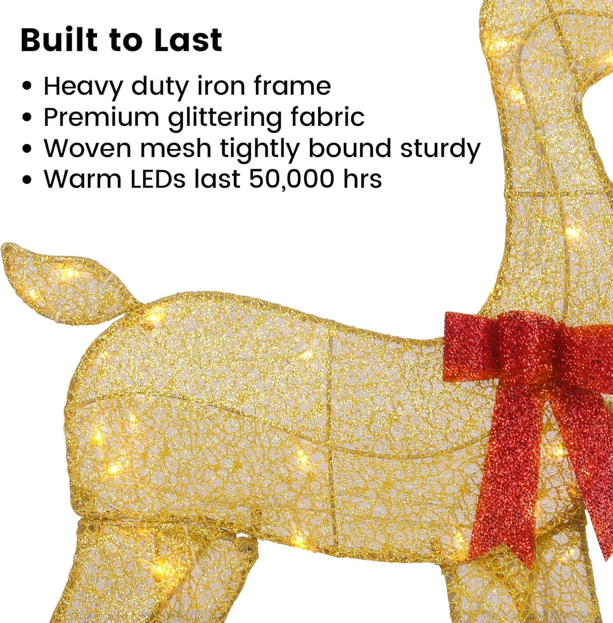 Gold glitter reindeer figure with red bow and warm LED glow, full-body close-up