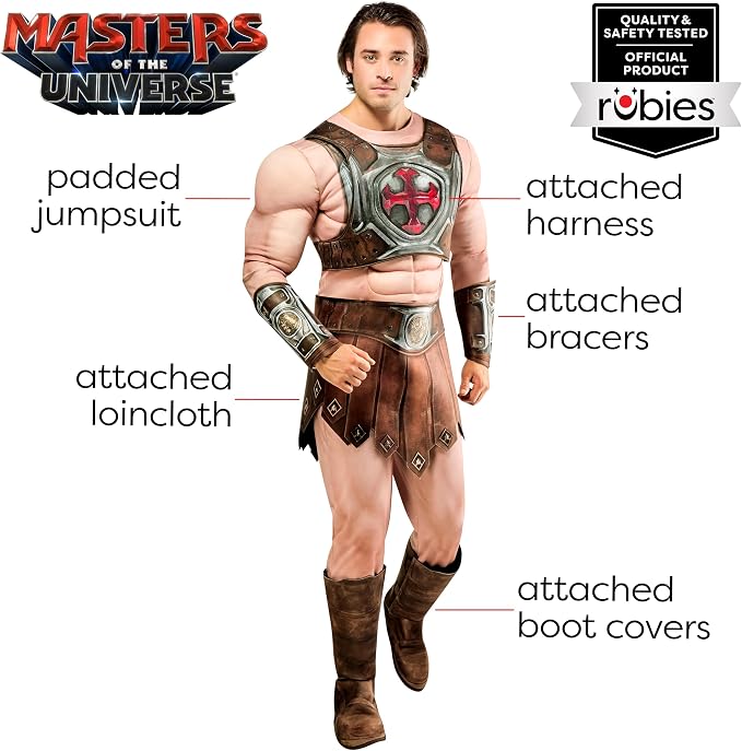 Men's He-Man padded jumpsuit with attached harness, bracers, loincloth, and boot covers