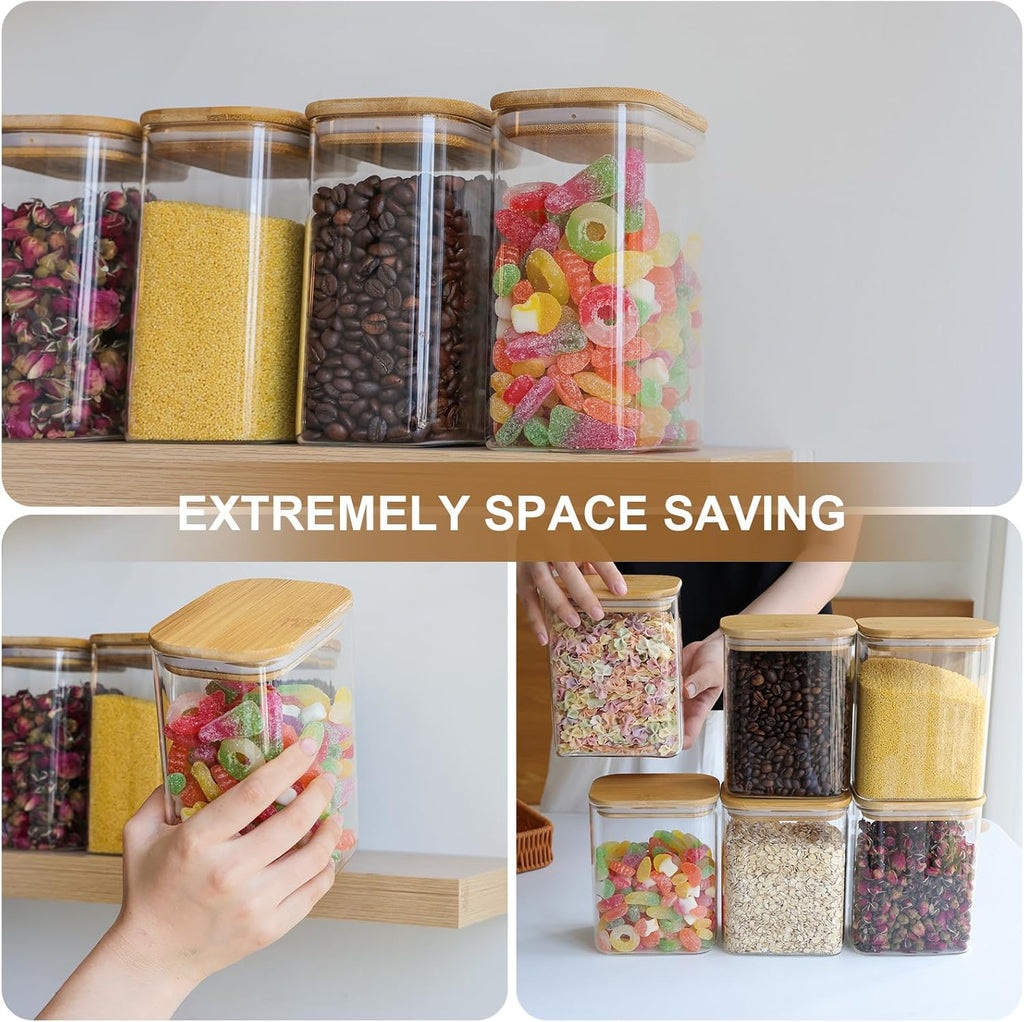 Square clear glass storage jars with bamboo lids, space-saving stacked display.