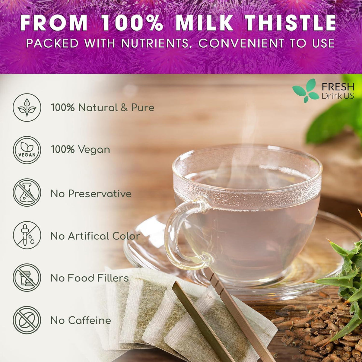 Milk thistle tea bags with glass cup, kraft sachets, and 100% milk thistle label