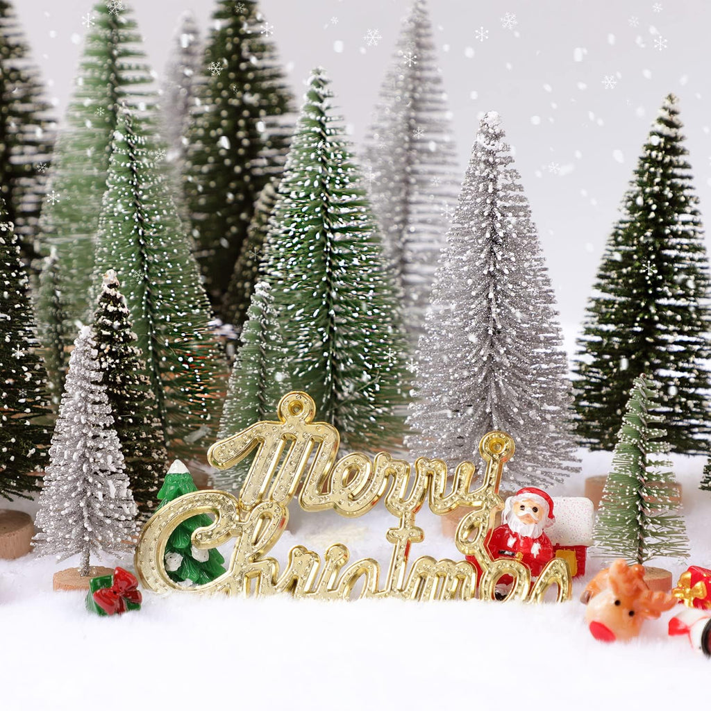 Mini bottle-brush Christmas trees with wooden bases and gold 'Merry Christmas' topper